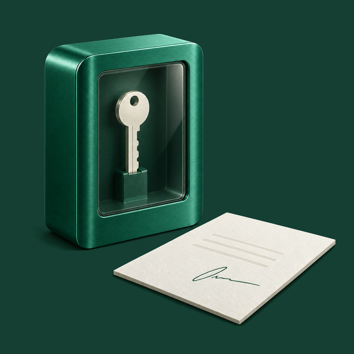 Ilustración de una llave protegida dentro de una caja de custodia y un documento firmado fuera de ella.